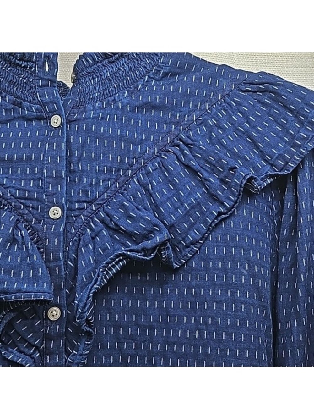 LOFT Womens Large Ruffle Prairie Victorian Cottagecore Navy Cotton Button Front - Picture 5 of 10